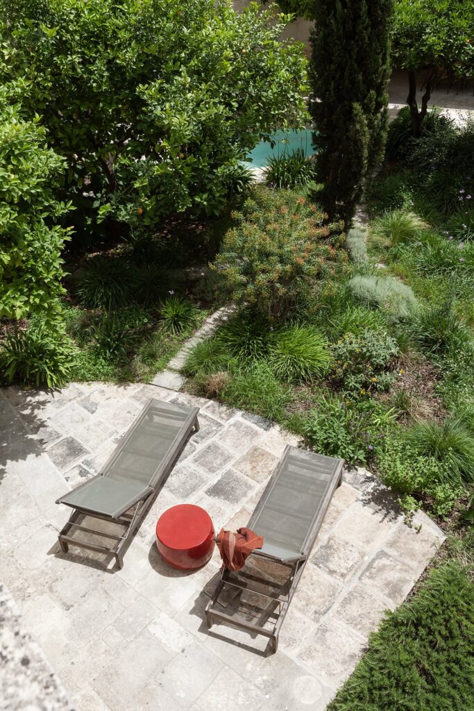 Aerial view of the garden path toward the pool, Agrumeto house, Nardò