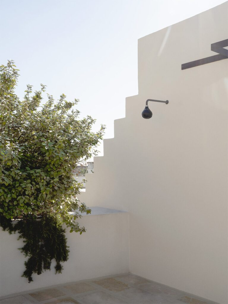 Whitewashed stepped terrace corner with olive branch, Teatro house, Nardò